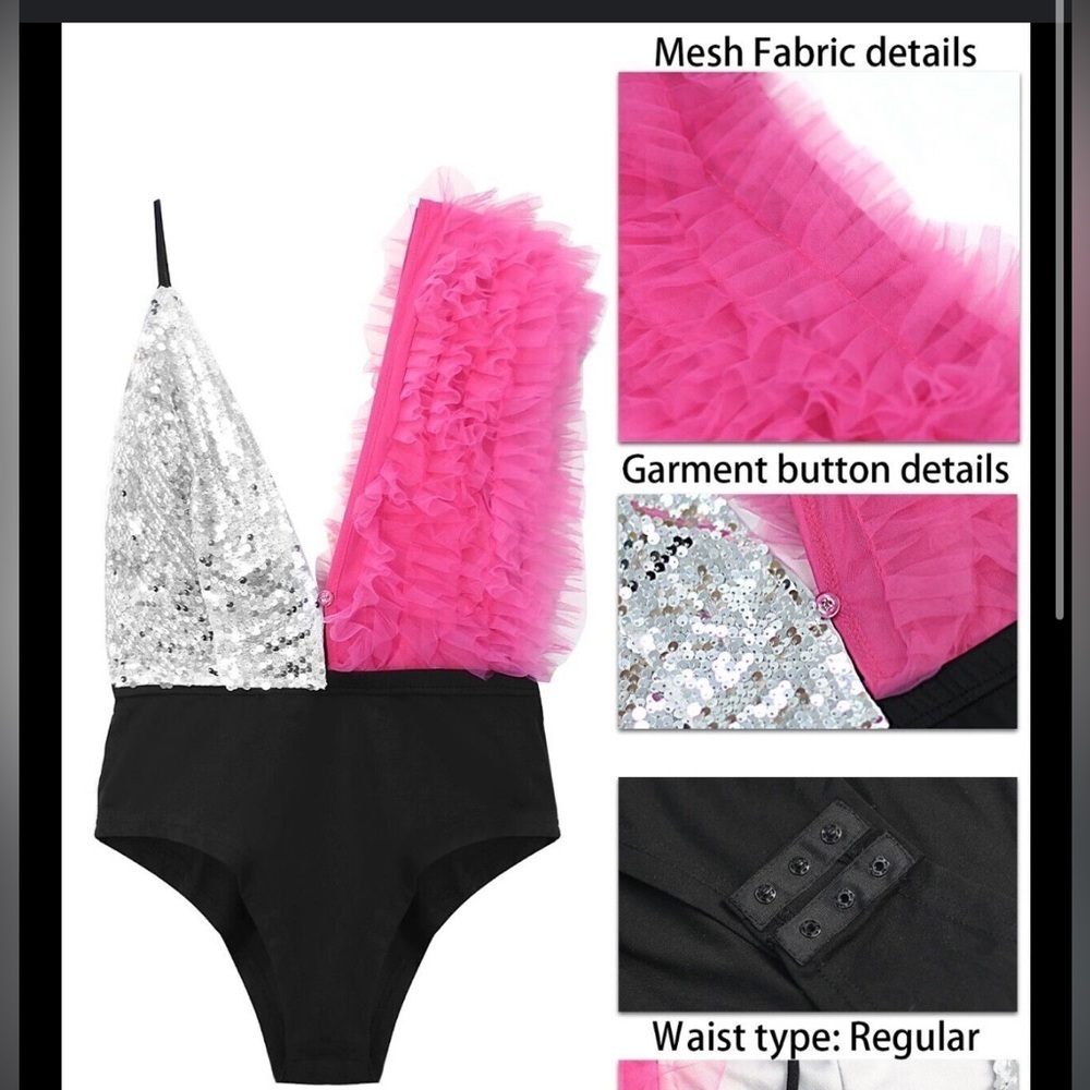 Pink tulle silver sequin high waist black bodysuit Plunge Neck concert festival - Picture 6 of 6